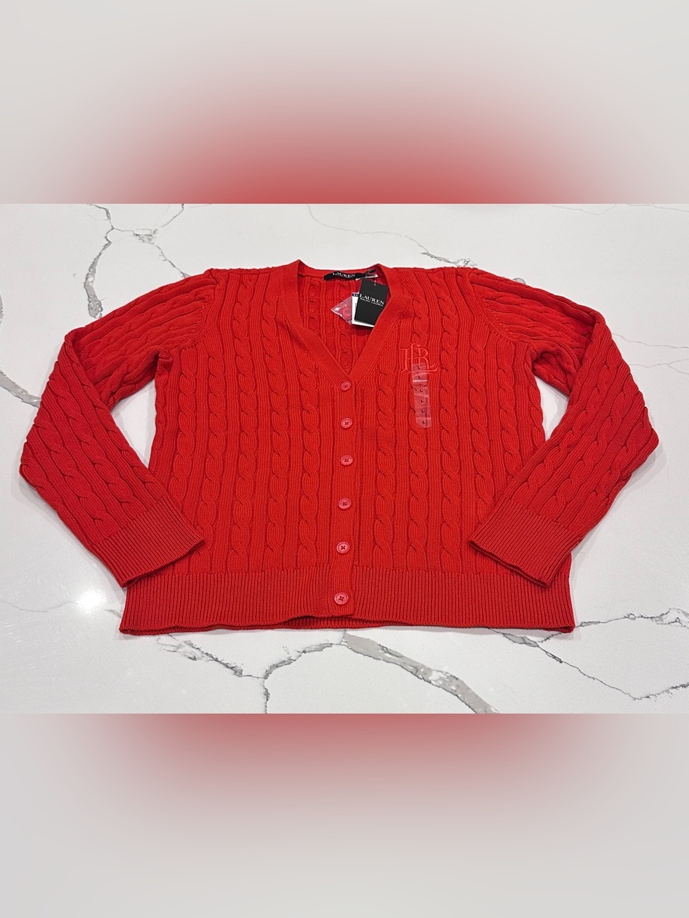 Lauren Ralph Lauren Womens Cable Knit Crest Cardigan Cotton Sz Large NWT